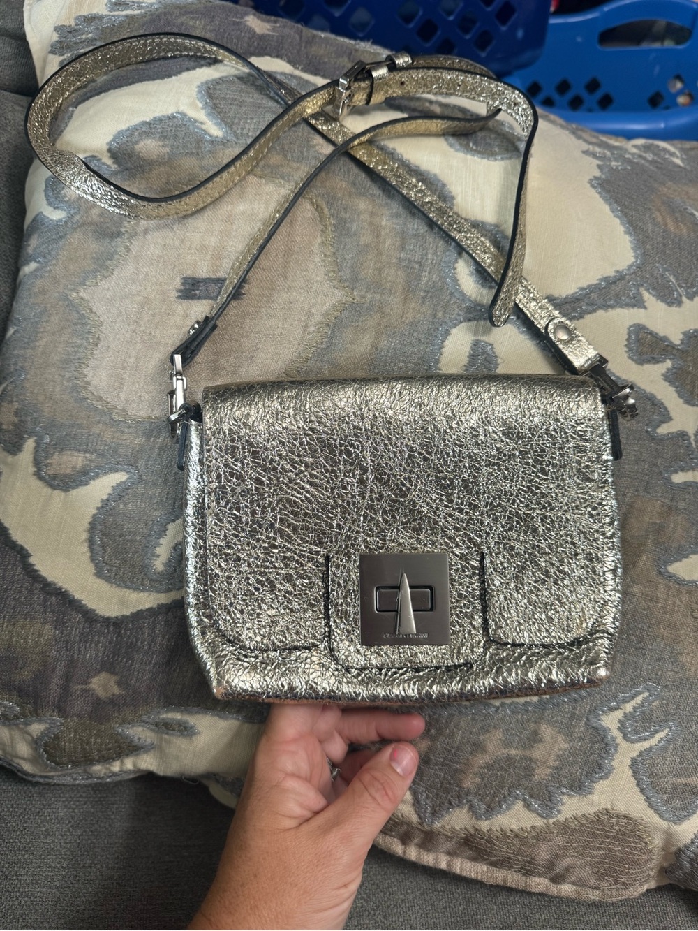 Gold Metallic Silver Textured Leather Adjustable Crossbody Bag Made in Italy